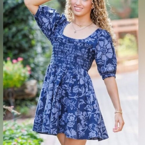NWOT free people dear Delilah blue floral puff sleeve smocked mini dress - Picture 2 of 6